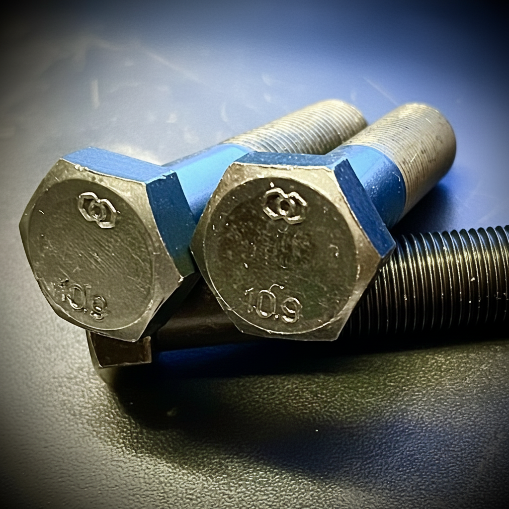 Two metal bolts with blue washers on a reflective surface Fixaball LTD UK stainless