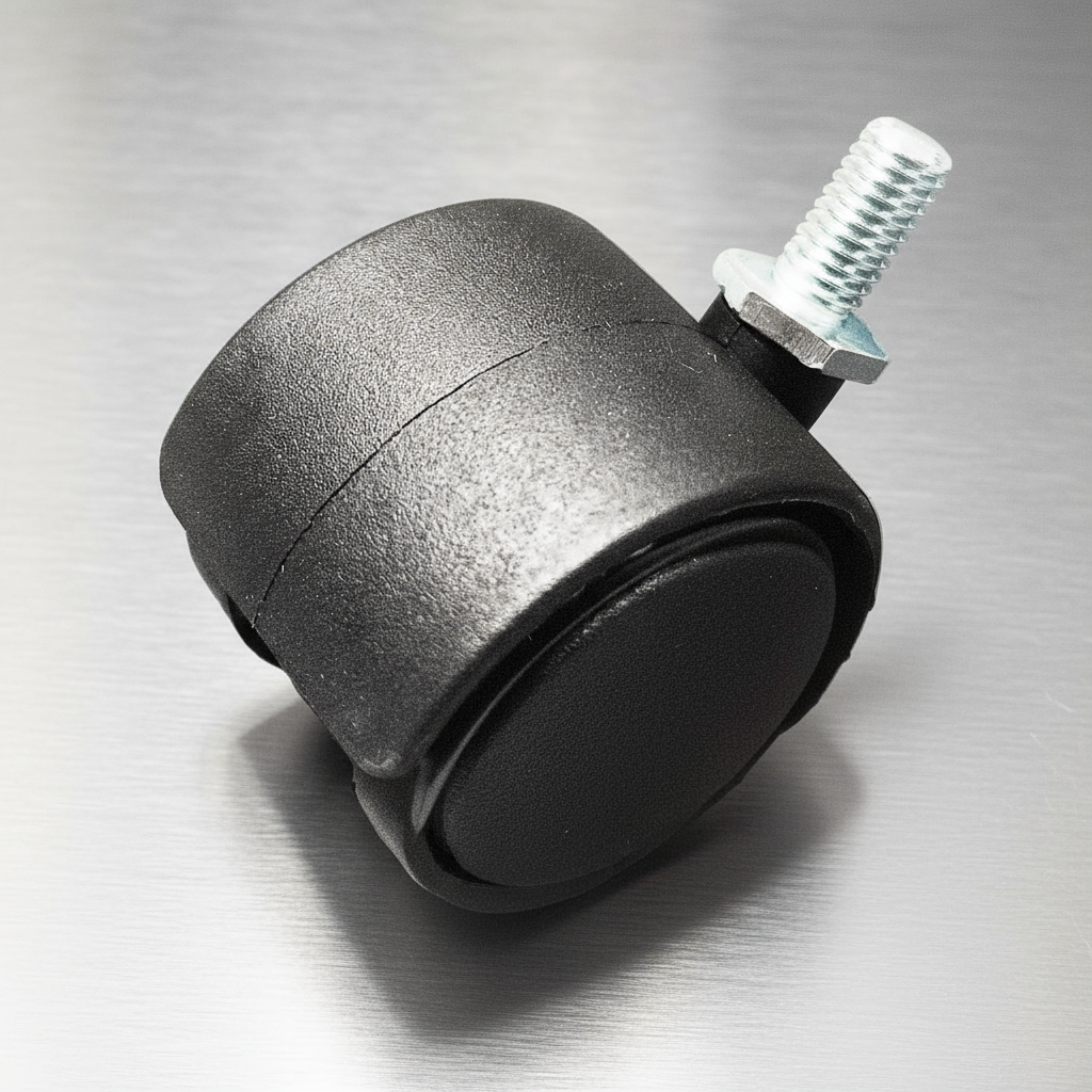 Metal caster wheel with a black rubber wheel on a gray background