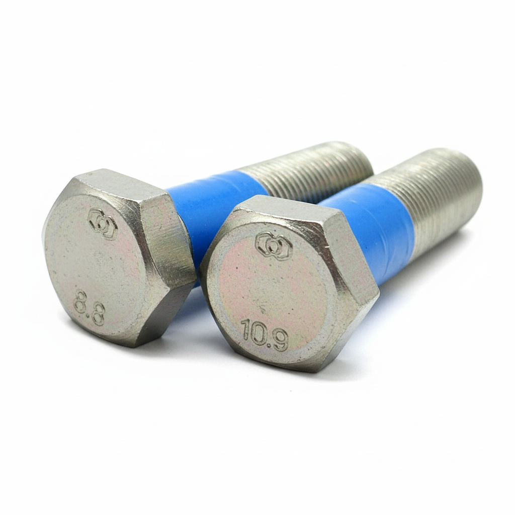 Two metal bolts with blue washers on a reflective surface Fixaball LTD UK white