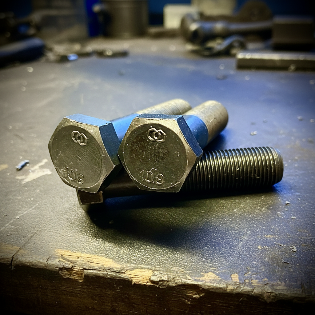Two metal bolts with blue washers on a reflective surface Fixaball LTD UK workshop