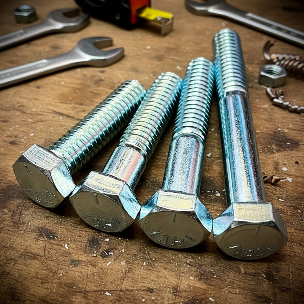 A set of metallic hex bolts with a hexagon head, zinc plated, laid out on a black surface. Fixaball LTD UK workshop