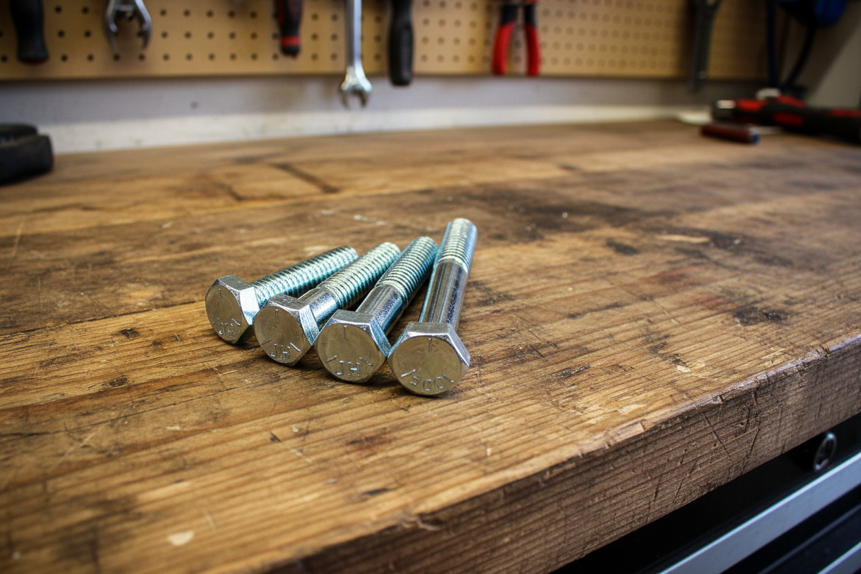 A set of four UNC 5/16 inch hex bolts with a zinc finish, displayed on a dark background.