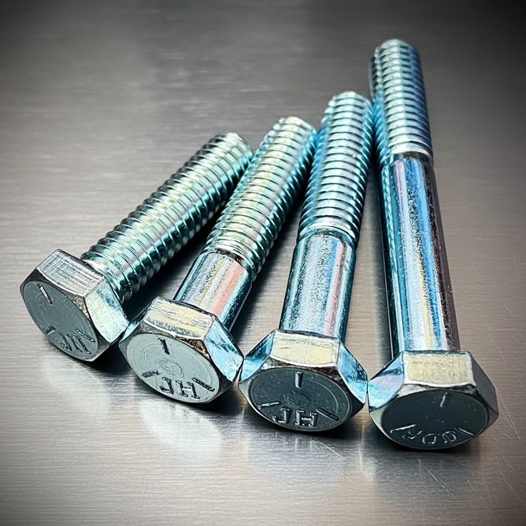 A set of metallic hex bolts with a hexagon head, zinc plated, laid out on a black surface. Fixaball LTD UK stainless