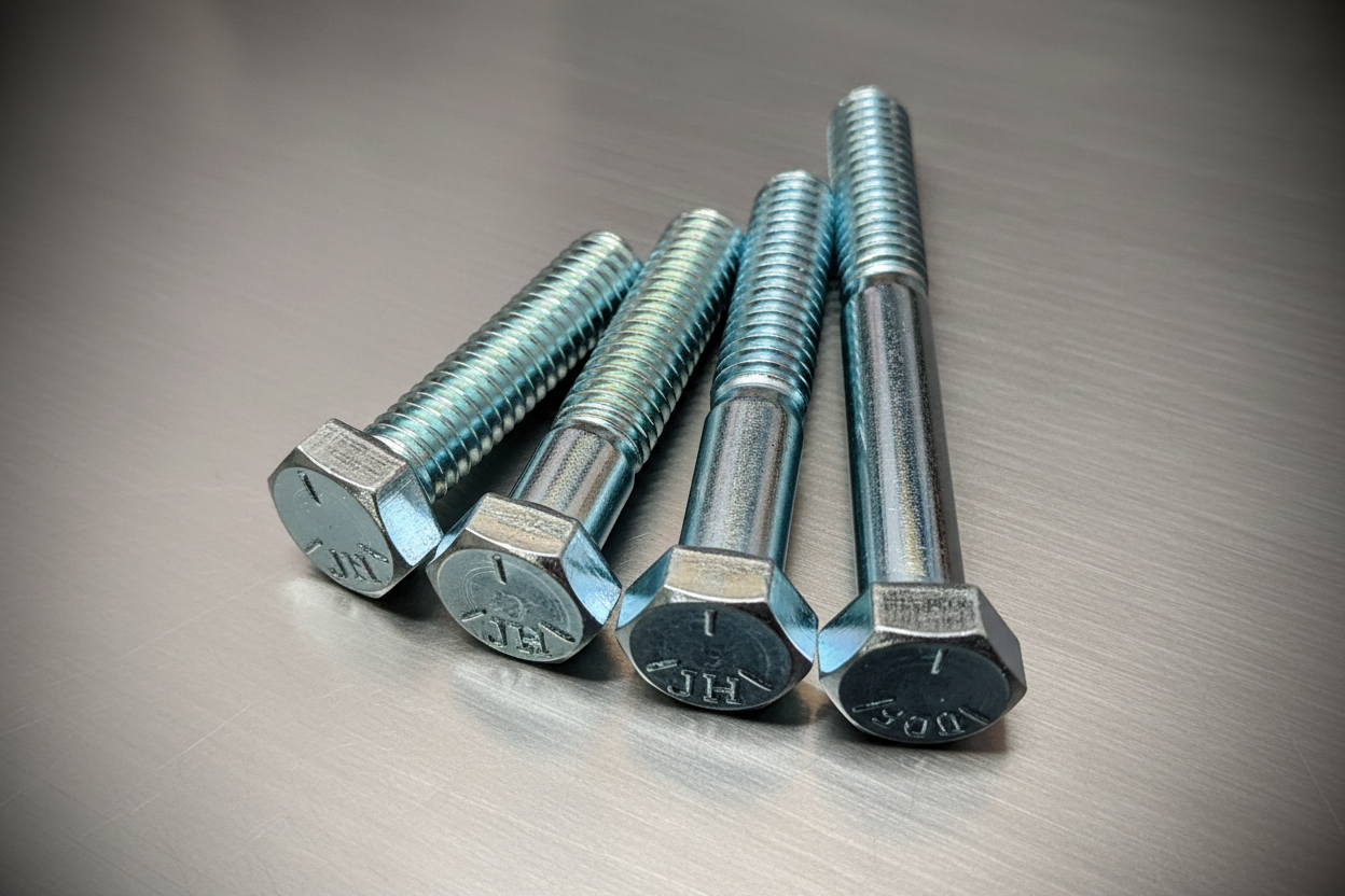 A set of four UNC 5/16 inch hex bolts with a zinc finish, displayed on a dark background.